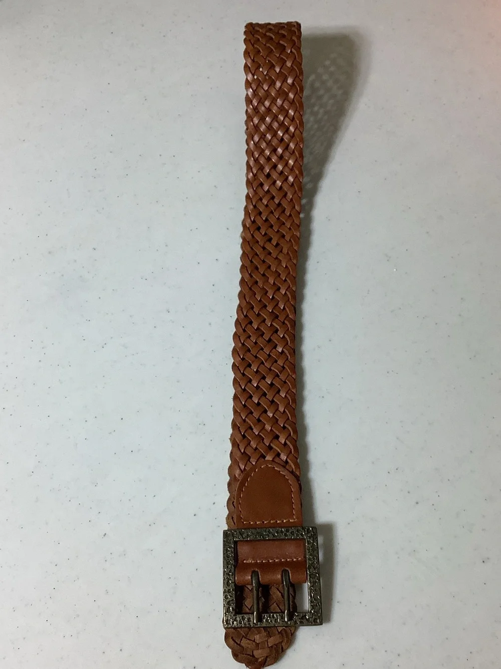 Leather caramel colored braided belt from India, 37”